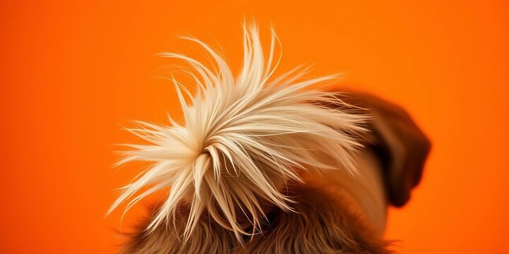 Close-up of a dog's furiously wagging tail, vibrant orange backdrop, happy, tail