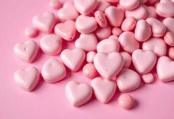 Close-up of pink heart-shaped candies and sweets on a pink background Valentine's Day theme,  sweetness, sweets