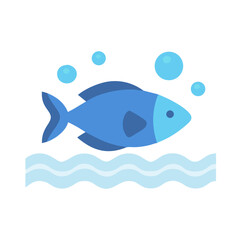 Stylized blue fish swimming in water with bubbles above