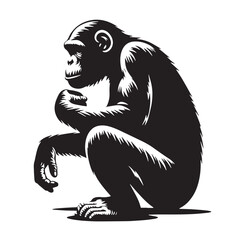 Black Color Chimpanzee Silhouette Vector Illustration, Solid White Background. minimal vector design