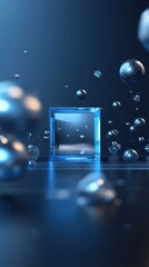 A blue-tinted image featuring a transparent cube surrounded by floating spheres
