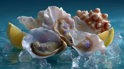 oysters with lemon in turquoise water mixed with ice cubes