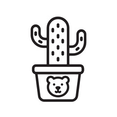  cute cactus in pot with bear face illustration, black and white vector graphic, simple and playful design.