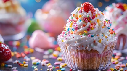 Colorful cupcakes with sprinkles on vibrant background for dessert food styling and celebration concept