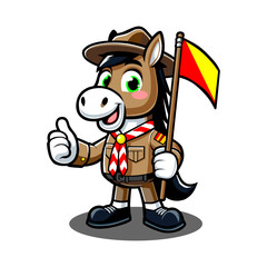 Smiling Scout Horse Mascot with a Flag