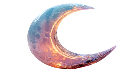 A glowing neon crescent moon in gradient lavender and mint, symbolizing dreams and tranquility, isolated on white --ar 16:9 --v 7.0 --s 750