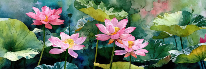 Lotus flowers in watercolor pond create serene scene