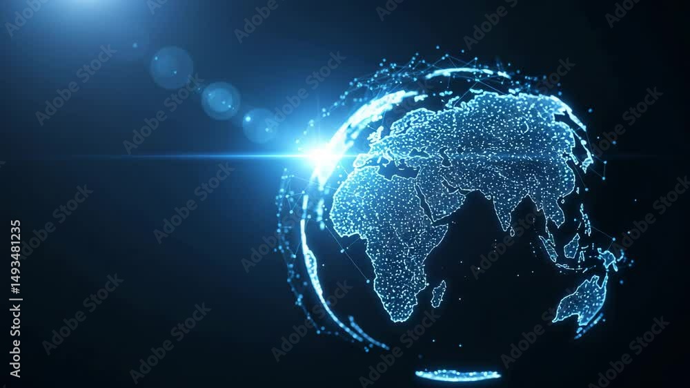 Poster digital globe rotating with glowing continents and network connections on a dark blue background. te