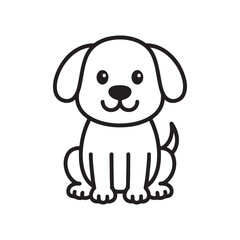 cute cartoon puppy sitting with a happy expression, simple black and white line drawing, perfect for children's illustrations.