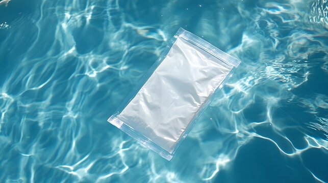 Plastic package floating on rippled pool water.