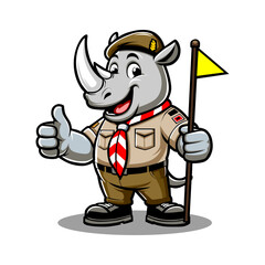 Rhino Scout Mascot with Flag and Thumbs Up
