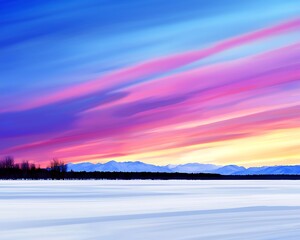 Winter sunset over frozen lake
