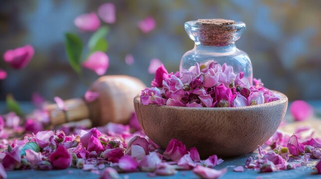 Dried flower petals in bowl on table for spa aromatherapy romantic health or natural beauty visuals