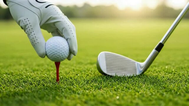 Golfer hand places golf ball on tee next to iron on green grass for tee off on sunny day at course.