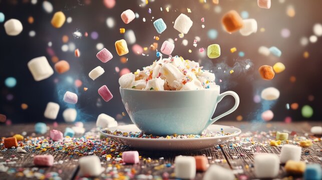 Cup of hot chocolate with marshmallows flying for winter festive dessert food celebration advertising visuals