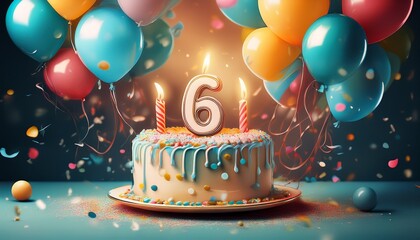birthday celebration with a decorated cake balloons confetti and number six candle sixth anniversary concept