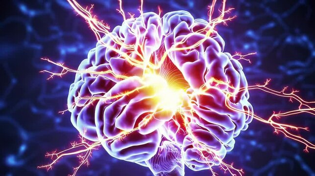 Digital Human Brain Animation: Visualizing Consciousness, Neural Networks, AI, Thoughts, and Synaptic Activity in a Futuristic Neuroscience and Technology Concept with Blue Energy Flares1
