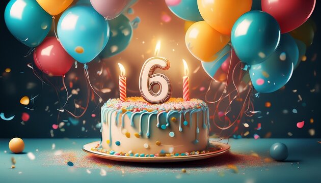 birthday celebration with a decorated cake balloons confetti and number six candle sixth anniversary concept