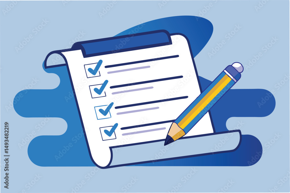 Leinwandbilder checklist vector illustration featuring a rolled paper with checkmarks and leaves against a soft blu