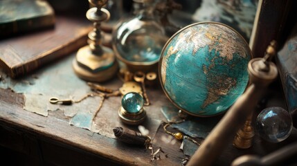 Antique globe compass and vintage books on wooden table for explorer travel or academic visuals concept