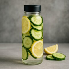 Refreshing Infused Water with Lemon and Cucumber Slices in a Clear Bottle