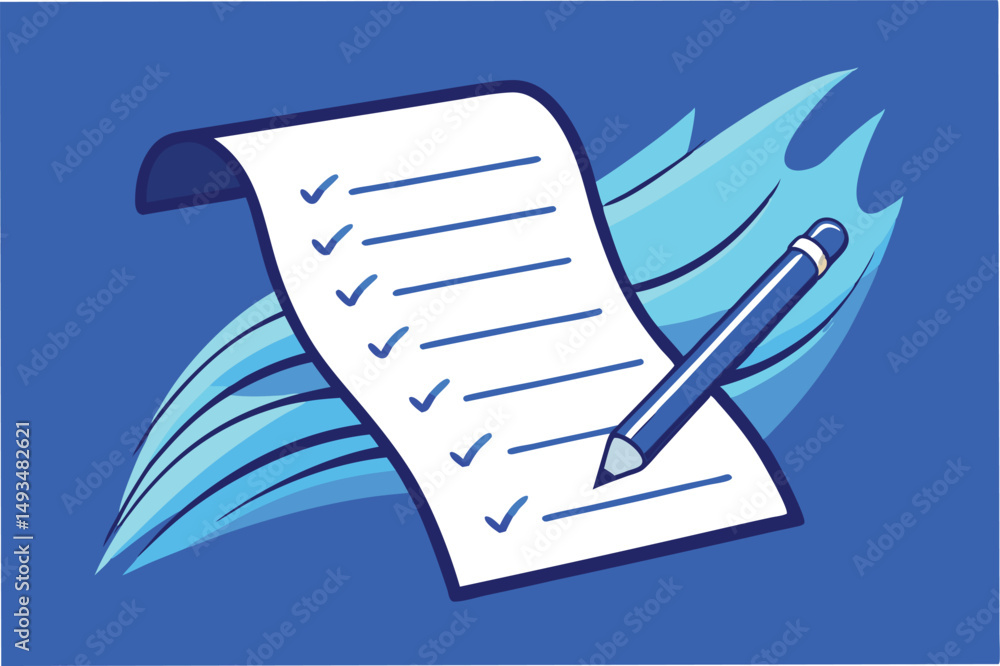 Aufkleber checklist vector illustration featuring a rolled paper with checkmarks and leaves against a soft blu