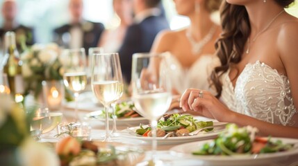 A bridal party enjoying a light meal together before the ceremony, with the focus on their elegant attire and the shared excitement and camaraderie.