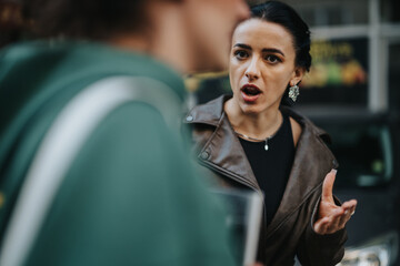 A woman wearing a leather jacket gestures emphatically, showing a frustrated facial expression,...