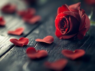 Red rose and heart-shaped petals on dark wood
