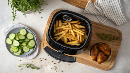 Top view of crispy french fries cooking in air fryer with fried chicken, cucumber slices, and fresh herbs on kitchen table