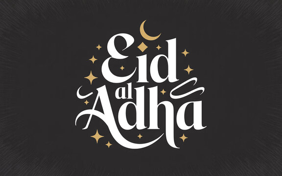 Eid al adha text with moon and stars on a dark background illustration