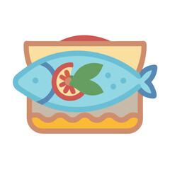 Stylized Fish Dish Illustration with Tomato and Greens