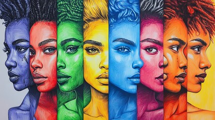 line drawing of diverse faces side by side, each filled with different pride colors, spaced evenly with clean white margins
