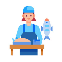 Fishmonger at the market flat vector illustration