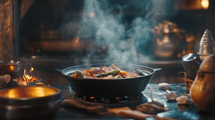 Steamy food in bowl on wooden table for warm comfort cooking or culinary lifestyle visuals photography