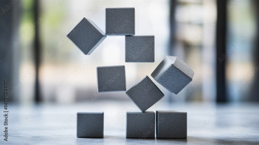Poster abstract black cubes floating in urban background with minimalist composition