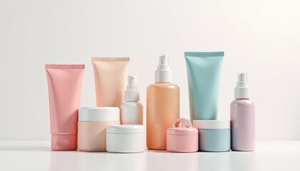 Various cosmetic containers on pure white backdrop, marketing, white