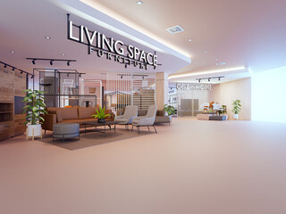 Sofas and chairs in living space. 3d rendering of furniture store.