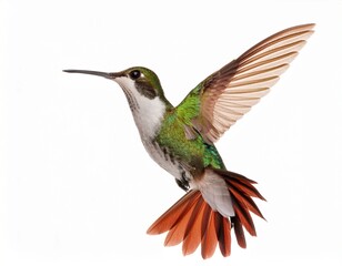 a hummingbird is flying in the air isolated on a white background