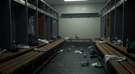 Room with benches and cluttered trash