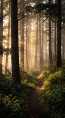 Obraz premium Tranquil forest scene sunlight filtering through tall trees