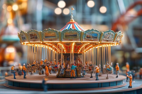 Miniature workers assembling a gigantic carousel in a vast amusement park