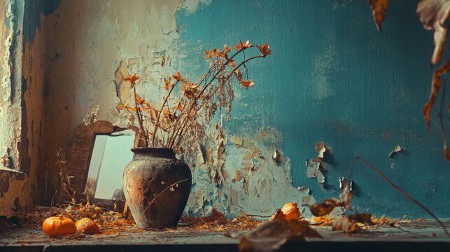 Vintage abandoned pottery with plant for decay rustic old-world or moody artistic visuals concept