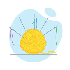 Yellow yarn ball with multiple sewing needles stuck into it, each threaded with colorful threads in pink, blue, and green.