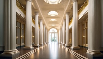 elegant columned hallway luxurious venue interior design bright atmosphere wide angle view opulent style
