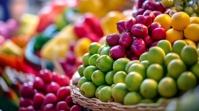 Fresh colorful fruits on market stand for organic health food summer or grocery visuals concept