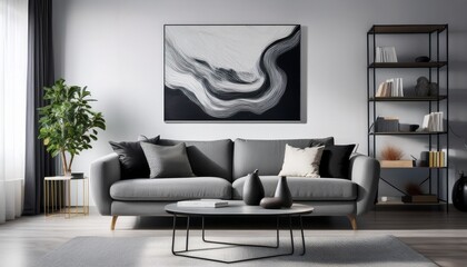 modern living room interior with abstract painting and gray sofa