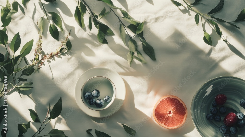 Poster flatlay of coffee cups with branches casting shadows on cream fabric surface