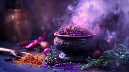 Mystical herbs and incense burning in bowl with purple smoke and spiritual setting