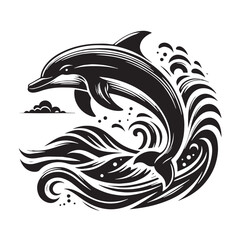 Black Color Dolphin Silhouette Vector Illustration, Solid White Background. minimal vector design